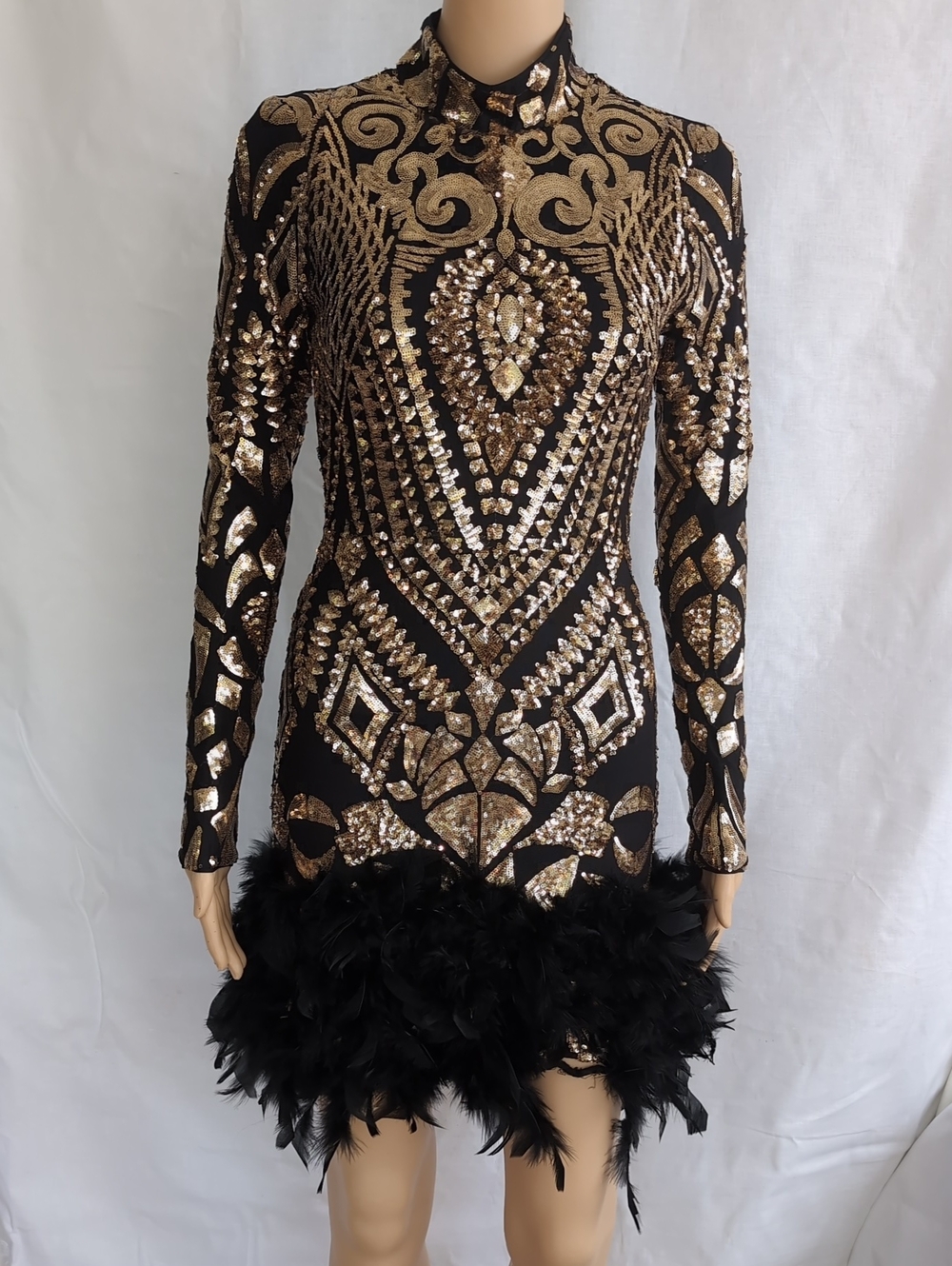 Fashion Nova Black & Gold Sequin Feather Hem Long Sleeve Dress Size S